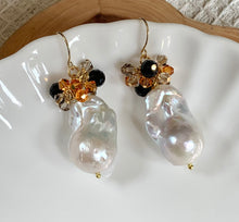 Large Baroque Pearl crystal Gemstone cluster beads Gold Drop Earrings