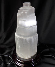 Selenite Tower Crystal Lamp Healing Mineral Specimen with LED Light Bulb and Wood Stand