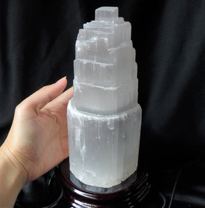 Selenite Tower Crystal Lamp Healing Mineral Specimen with LED Light Bulb and Wood Stand