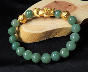 Natural A Grade Jadeite Jade 24K Gold Pixiu Dragon Unisex Bead Bracelet JD10162