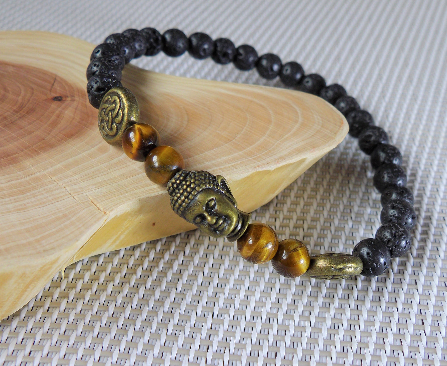 Gold Tiger Eye and Lava Stone Buddha Head Crystal Beads Stretchable Bracelet BRAC10102