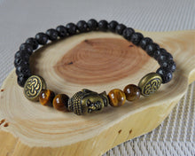 Gold Tiger Eye and Lava Stone Buddha Head Crystal Beads Stretchable Bracelet BRAC10102