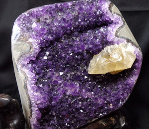 Top Uruguay Amethyst with Calcite Inclusion Crystal Geode Mineral Specimen W/ Display Stand AM10198