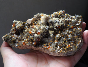 Spessartite Garnets on Smoky Quartz Crystal Cluster Mineral Specimen - GA10190