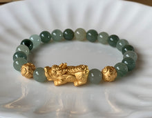 A Grade Mint Green Jadeite Jade Gold Pixiu Dragon Men Women Bead Bracelet