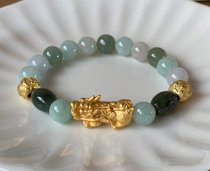 A Grade Mint Green Lavender White Jadeite Jade Gold Pixiu Dragon Men Women Bead Bracelet