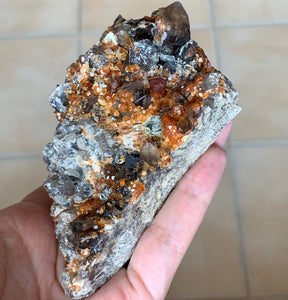 Spessartite Garnets on Smoky Quartz Crystal Cluster Mineral Specimen - GA10219