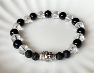 Black Onyx, Clear Quartz, Lava Stone, Silver Buddha Head Crystal Bead Bracelet for Men or Women BRAC11