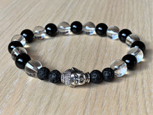Black Onyx, Clear Quartz, Lava Stone, Silver Buddha Head Crystal Bead Bracelet for Men or Women BRAC11