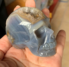 Blue Lace Agate Cacoxenite Quartz Geode Hand Carved Realistic Crystal Human Skull Sculpture AG10204