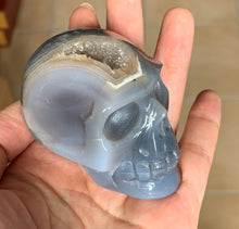 Blue Lace Agate Cacoxenite Quartz Geode Hand Carved Realistic Crystal Human Skull Sculpture AG10206