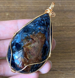 Pietersite Gemstone Gold Plated Wire Wrapped Pendant - PS10105
