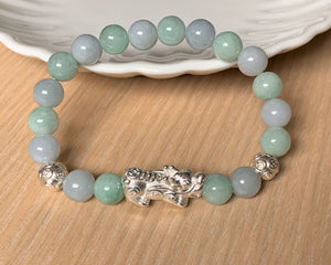 A Grade Pastel Green and Lavender Blue Jadeite Jade Silver Pixiu Dragon Bead Bracelet JDB10103