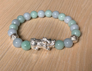 A Grade Pastel Green and Lavender Blue Jadeite Jade Silver Pixiu Dragon Bead Bracelet JDB10103