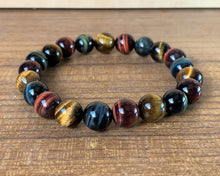 Triple Gold Yellow, Blue and Red Tiger Eye Crystal Beads Stretchable Bracelet