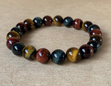 Triple Gold Yellow, Blue and Red Tiger Eye Crystal Beads Stretchable Bracelet