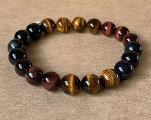 Triple Blue, Red and Gold Yellow Tiger Eye Crystal Beads Stretchable Bracelet
