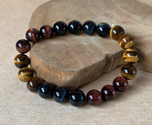 Triple Blue, Red and Gold Yellow Tiger Eye Crystal Beads Stretchable Bracelet