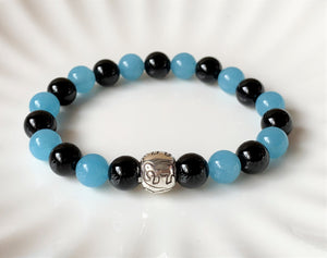 Aquamarine and Black Onyx Stone of Courage, Protection, Communication Crystal Beads Bracelet BRAC14