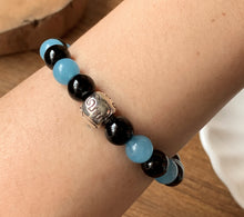 Aquamarine and Black Onyx Stone of Courage, Protection, Communication Crystal Beads Bracelet BRAC14