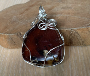 Blue Red Amber Silver Wire Wrapped Crystal Stone Pendant - AMBP10100