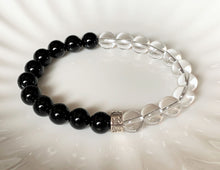 Yin Yang Black Onyx and Clear Quartz Silver Sacred Tibetan 6 True Words Symbols Crystal Bead Bracelet for Men or Women BRAC13