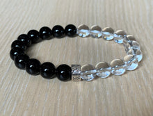 Yin Yang Black Onyx and Clear Quartz Silver Sacred Tibetan 6 True Words Symbols Crystal Bead Bracelet for Men or Women BRAC13