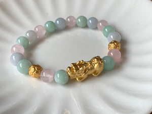 A Grade Pastel Green and Lavender Blue Jadeite Jade Gold or Silver Pixiu Dragon Bead Bracelet JDB10102
