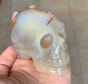 White Blue Lace Agate Quartz Geode Hand Carved Realistic Crystal Human Skull Sculpture AG10196