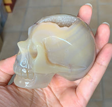 White Blue Lace Agate Quartz Geode Hand Carved Realistic Crystal Human Skull Sculpture AG10196