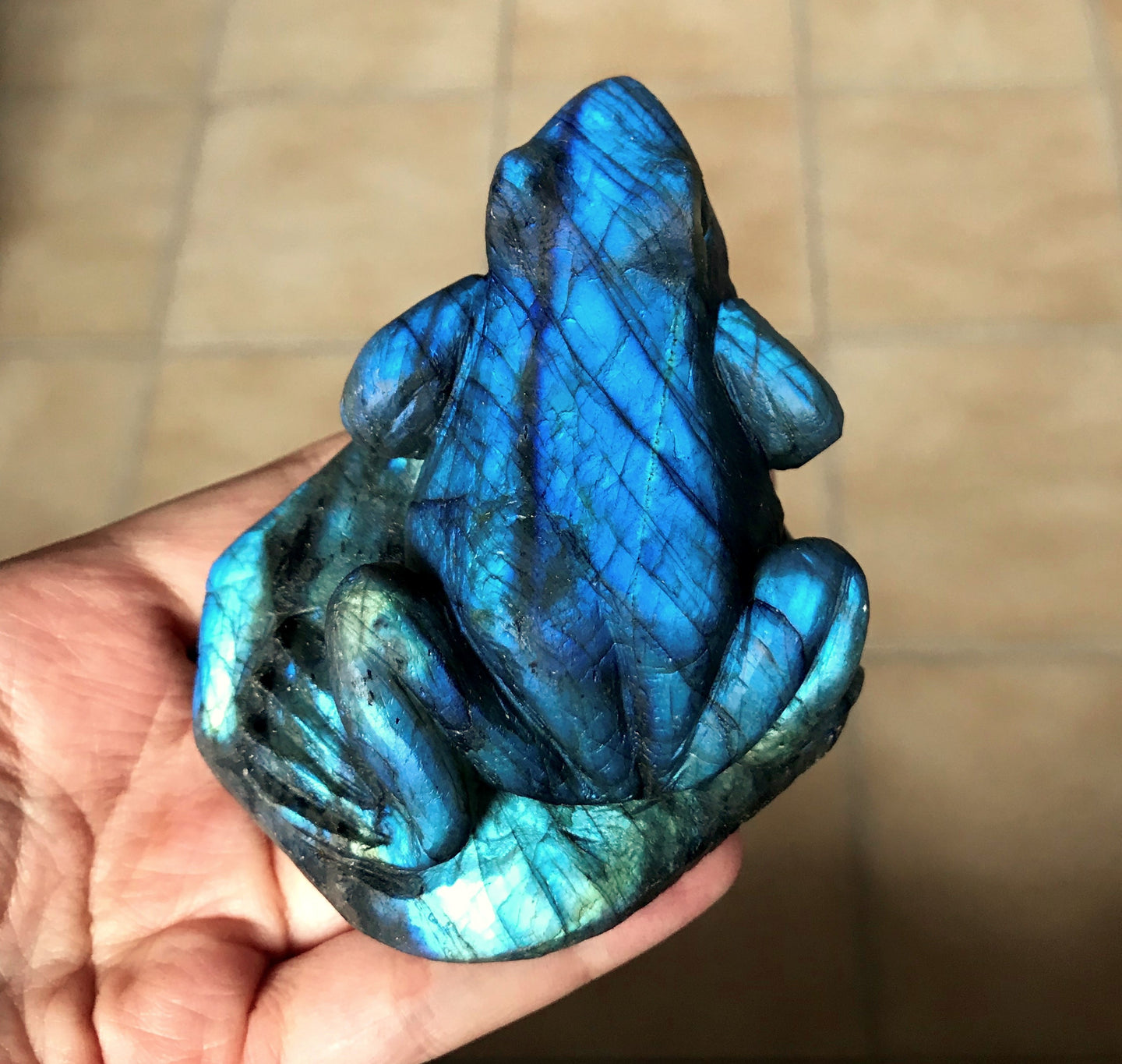 Top Flashy Rainbow Labradorite Hand Carved Crystal Stone Frog Sculpture LAB10150