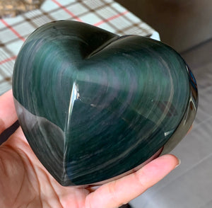 Large Rainbow Green Obsidian Heart Crystal Stone Palm Stone - OB10265