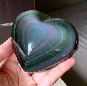 Big Rainbow Green Obsidian Heart Crystal Stone Palm Stone - OB10259