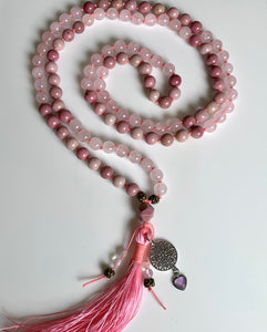 108 Rose Quartz Rhodonite Gemstone Bead Hand-knotted Mala Bead Necklace