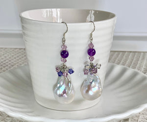 Large Fireball Baroque Pearl Amethyst crystal beads Silver Drop Earrings