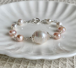 Fireball big Baroque Freshwater Pearl Gemstone beads silver Bracelet
