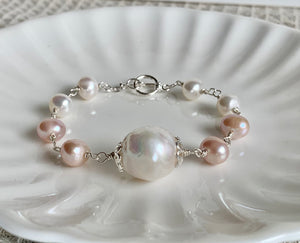 Fireball big Baroque Freshwater Pearl Gemstone beads silver Bracelet