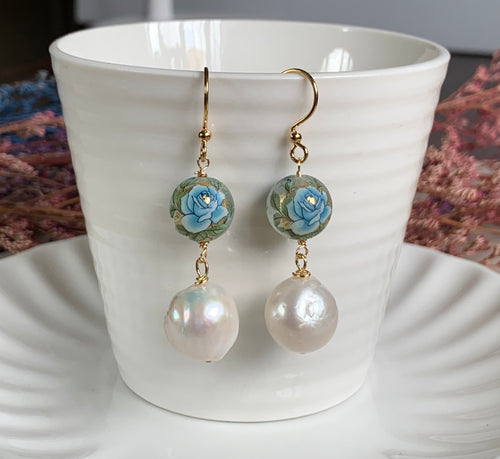 Big Baroque Pearl Flower Bead Gold Dangle Earrings