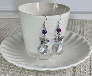 Large Fireball Baroque Pearl Amethyst crystal beads Silver Drop Earrings