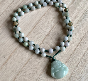 Natural Jadeite Jade Gemstone Hand-knotted Bead Necklace with Laughing Buddha Jade pendant Jewelry