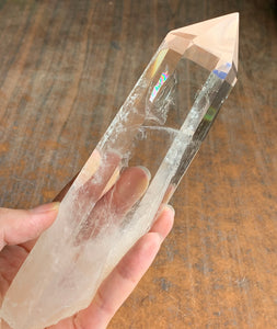 Big Clear Quartz Crystal Point Wand Crystal with Display Wood stand