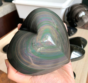 Extra Large Rainbow Obsidian Heart Crystal Stone Palm Stone