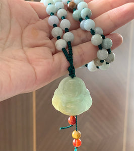 Natural Jadeite Jade Gemstone Hand-knotted Bead Necklace with Laughing Buddha Jade pendant Jewelry