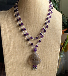 108 Mala Bead Amethyst Clear Quartz Gemstone Bead Hand-knotted Necklace