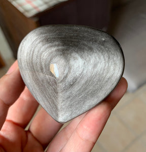 Silver Sheen Obsidian Heart Crystal Palm Stone Decor - SOB10127