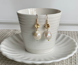 Big Baroque Pearl Gold plated Flower Drop Dangle Earrings