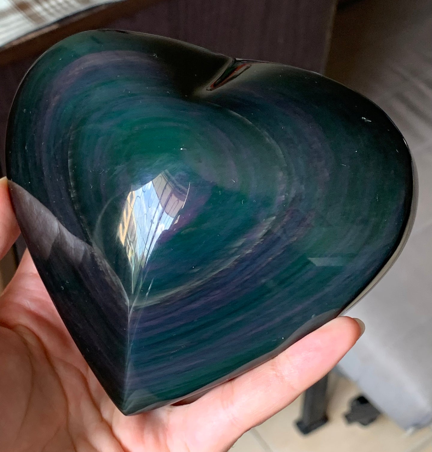 Large Rainbow Green Obsidian Heart Crystal Stone Palm Stone - OB10265