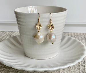 Big Baroque Pearl Gold plated Flower Drop Dangle Earrings